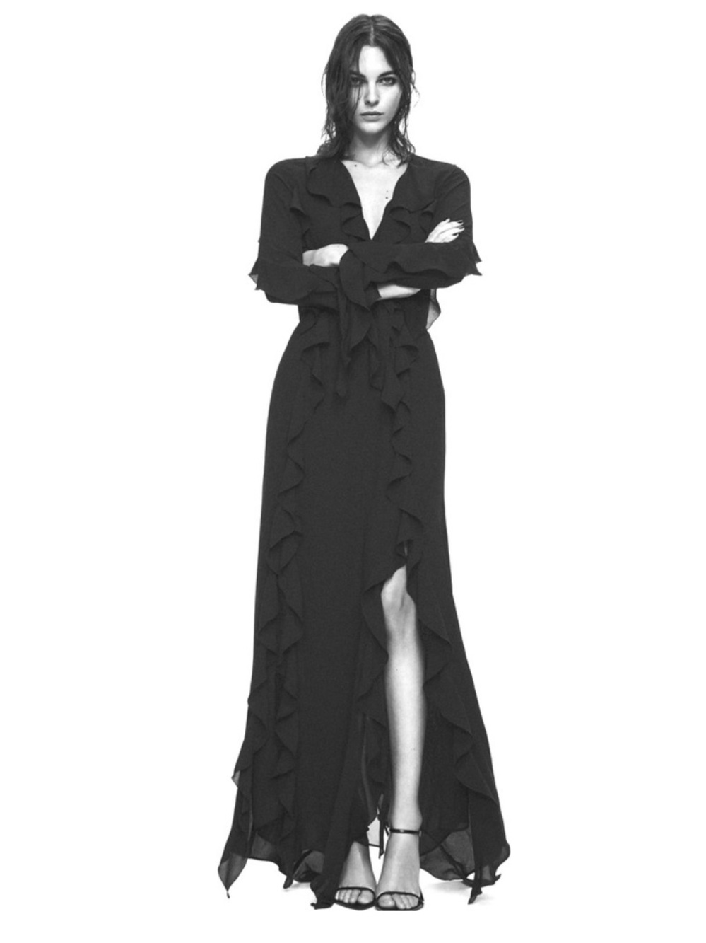 Zara Black Ruffle Wrap Maxi Dress